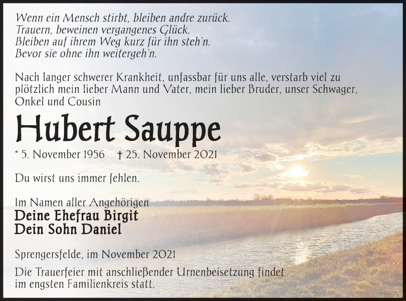  Traueranzeige für Hubert Sauppe vom 01.12.2021 aus Haff-Zeitung