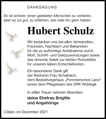 Traueranzeige von Hubert Schulz von Neubrandenburger Zeitung