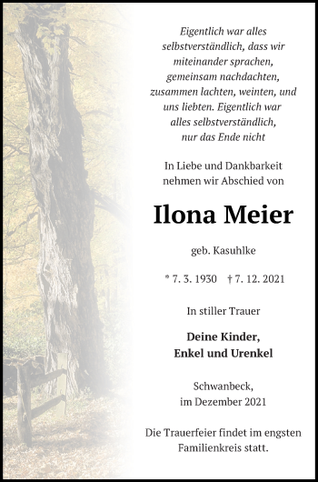 Traueranzeige von Ilona Meier von Neubrandenburger Zeitung