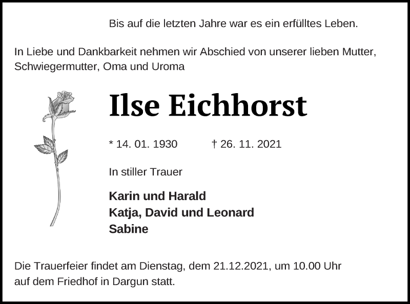  Traueranzeige für Ilse Eichhorst vom 02.12.2021 aus Mecklenburger Schweiz
