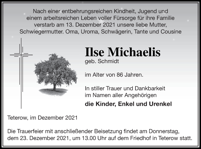  Traueranzeige für Ilse Michaelis vom 18.12.2021 aus Mecklenburger Schweiz