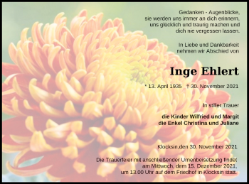 Traueranzeige von Inge Ehlert von Müritz-Zeitung
