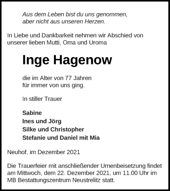 Traueranzeige von Inge Hagenow von Strelitzer Zeitung