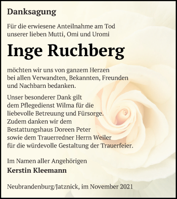 Traueranzeige von Inge Ruchberg von Neubrandenburger Zeitung