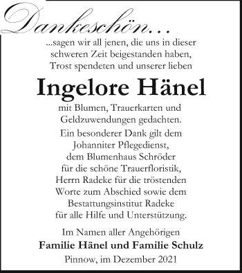 Traueranzeige von Ingelore Hänel von Vorpommern Kurier