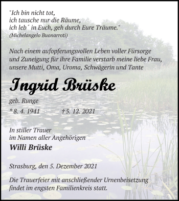 Traueranzeige von Ingrid Brüske von Pasewalker Zeitung