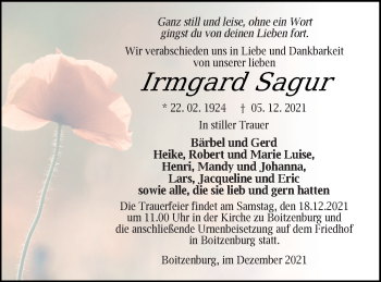 Traueranzeige von Irmgard Sagur von Templiner Zeitung