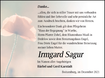 Traueranzeige von Irmgard Sagur von Templiner Zeitung