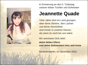 Traueranzeige von Jeannette Quade von Neubrandenburger Zeitung