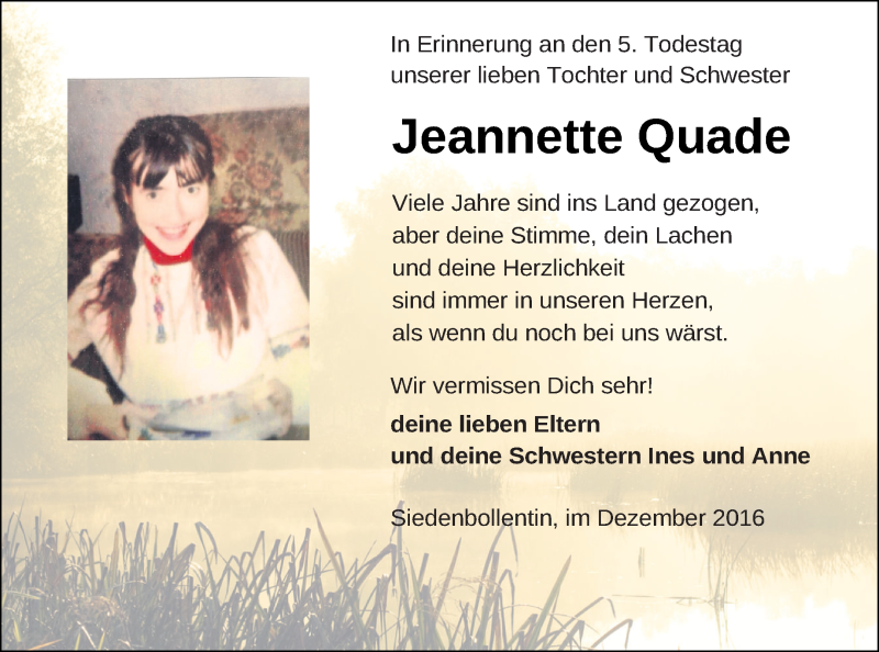  Traueranzeige für Jeannette Quade vom 22.12.2021 aus Neubrandenburger Zeitung