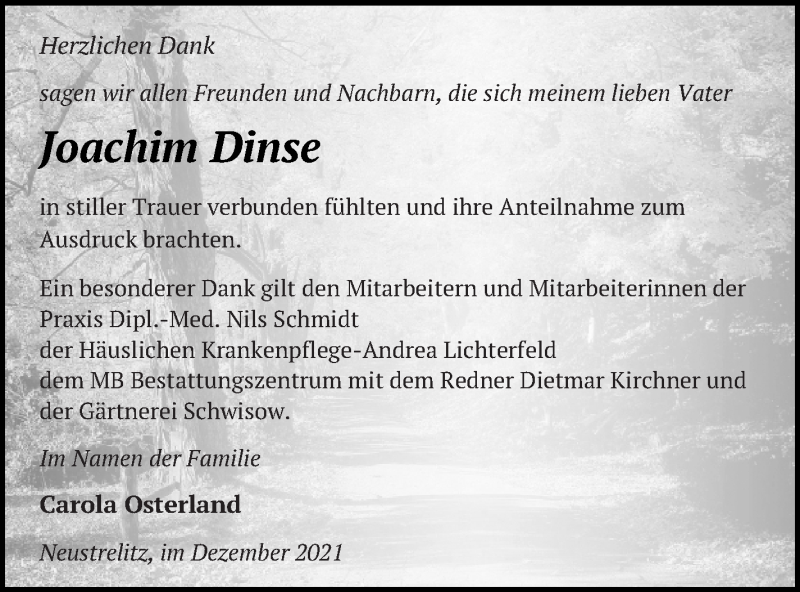  Traueranzeige für Joachim Dinse vom 15.12.2021 aus Strelitzer Zeitung