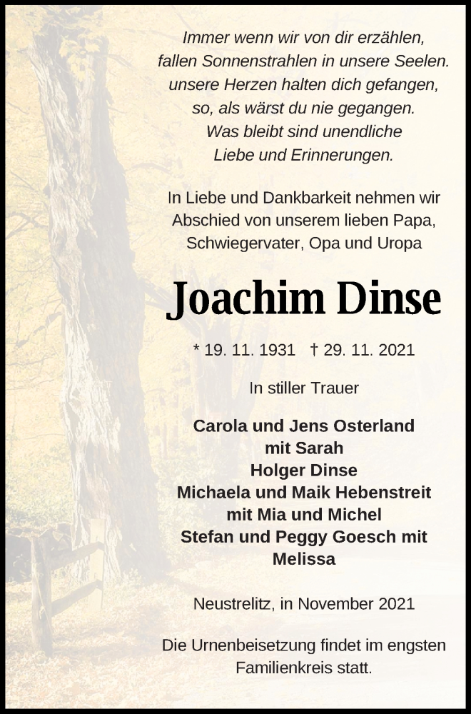  Traueranzeige für Joachim Dinse vom 02.12.2021 aus Strelitzer Zeitung