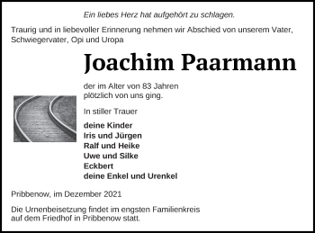 Traueranzeige von Joachim Paarmann von Mecklenburger Schweiz