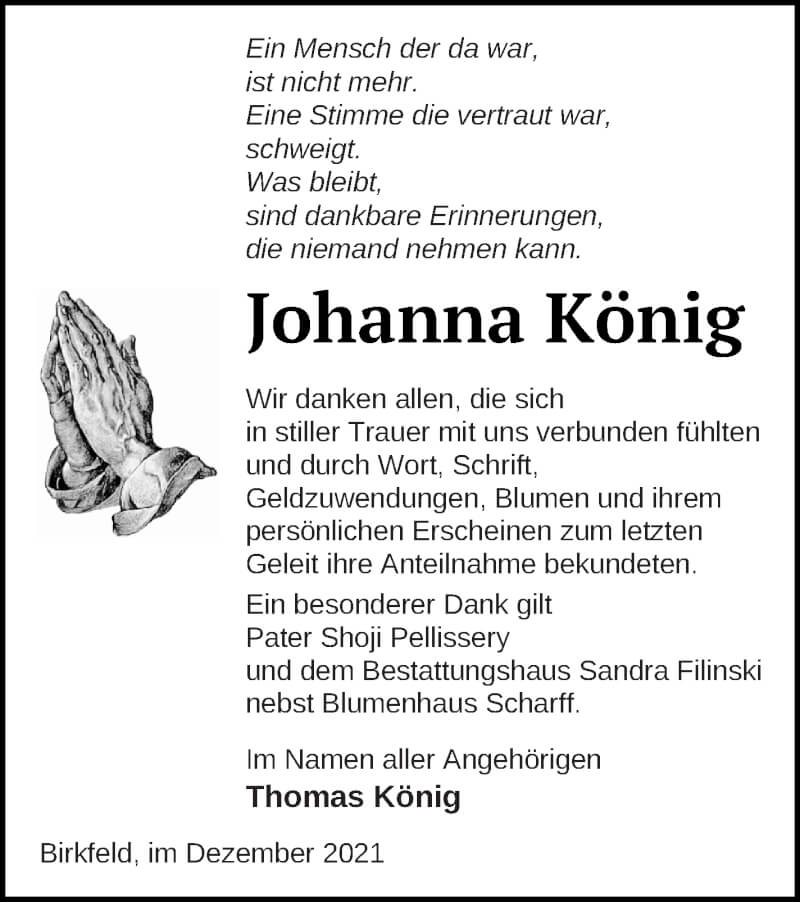  Traueranzeige für Johanna König vom 11.12.2021 aus Neubrandenburger Zeitung