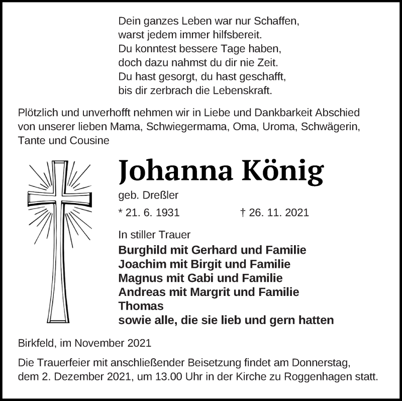  Traueranzeige für Johanna König vom 01.12.2021 aus Neubrandenburger Zeitung