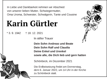 Traueranzeige von Karin Gürtler von Neubrandenburger Zeitung