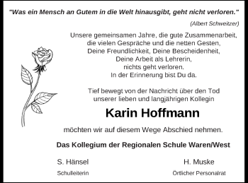 Traueranzeige von Karin Hoffmann von Mecklenburger Schweiz