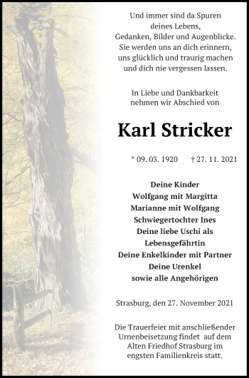 Traueranzeige von Karl Stricker von Pasewalker Zeitung