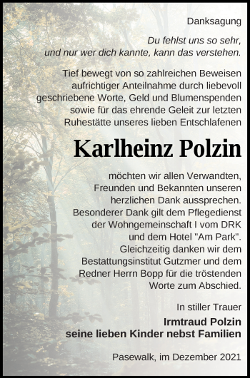 Traueranzeige von Karlheinz Polzin von Pasewalker Zeitung