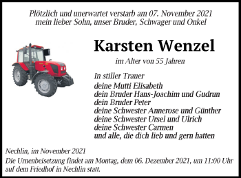 Traueranzeige von Karsten Wenzel von Prenzlauer Zeitung