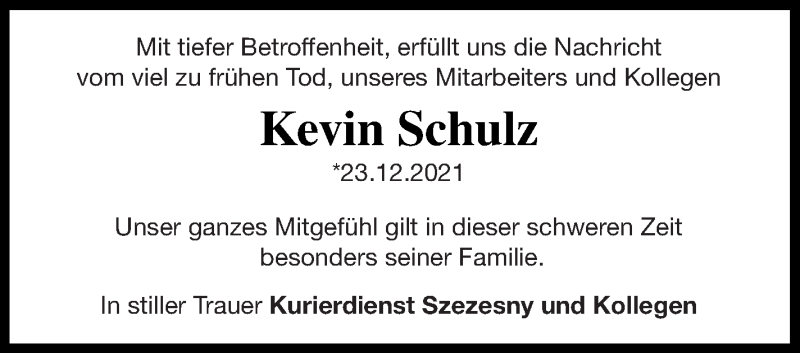  Traueranzeige für Kevin Schulz vom 29.12.2021 aus Neubrandenburger Zeitung