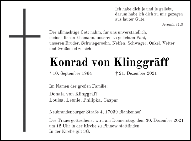  Traueranzeige für Konrad von Klinggräff vom 24.12.2021 aus Neubrandenburger Zeitung