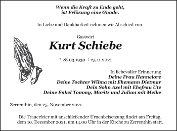 Traueranzeige von Kurt Schiebe von Pasewalker Zeitung