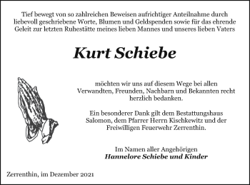 Traueranzeige von Kurt Schiebe von Pasewalker Zeitung