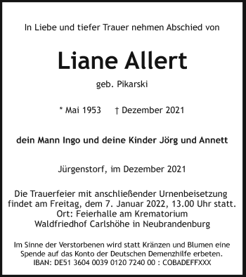 Traueranzeige von Liane Allert von Mecklenburger Schweiz