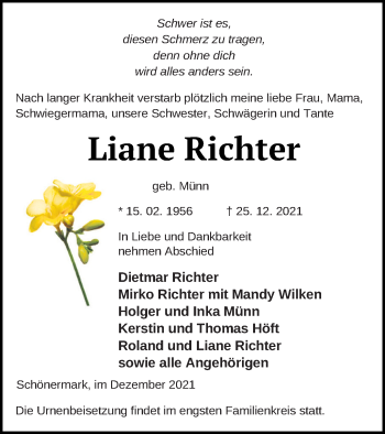 Traueranzeige von Liane Richter von Prenzlauer Zeitung