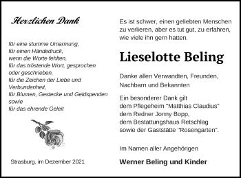 Traueranzeige von Lieselotte Beling von Pasewalker Zeitung