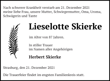 Traueranzeige von Lieselotte Skierke von Pasewalker Zeitung