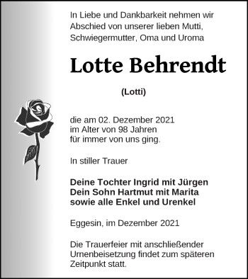 Traueranzeige von Lotte Behrendt von Haff-Zeitung