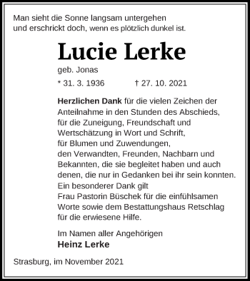 Traueranzeige von Lucie Lerke von Pasewalker Zeitung