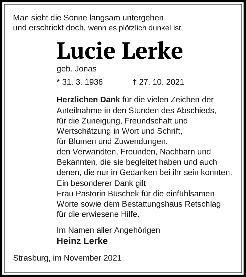  Traueranzeige für Lucie Lerke vom 02.12.2021 aus Pasewalker Zeitung