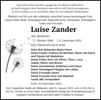 Traueranzeige von Luise Zander von Vorpommern Kurier