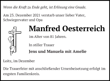 Traueranzeige von Manfred Oesterreich von Vorpommern Kurier