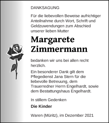 Traueranzeige von Margarete Zimmermann von Müritz-Zeitung