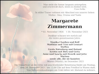 Traueranzeige von Margarete Zimmermann von Müritz-Zeitung