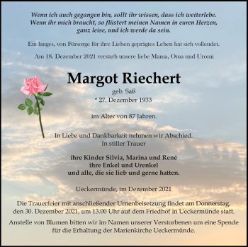 Traueranzeige von Margot Riechert von Haff-Zeitung