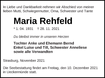 Traueranzeige von Maria Rehfeld von Pasewalker Zeitung