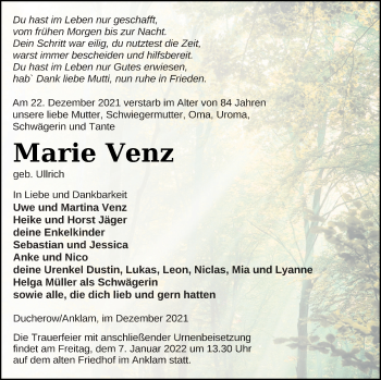 Traueranzeige von Marie Venz von Vorpommern Kurier