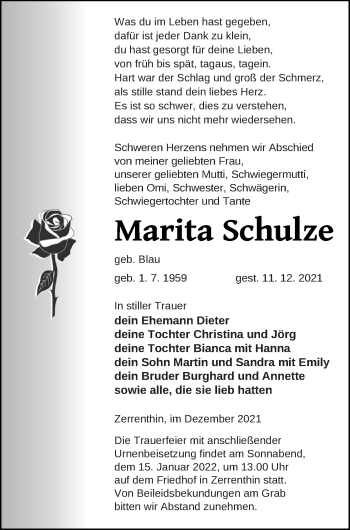 Traueranzeige von Marita Schulze von Pasewalker Zeitung