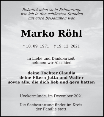 Traueranzeige von Marko Röhl von Haff-Zeitung