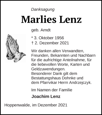 Traueranzeige von Marlies Lenz von Haff-Zeitung