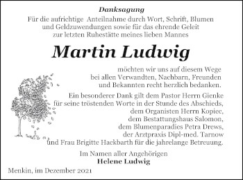 Traueranzeige von Martin Ludwig von Pasewalker Zeitung