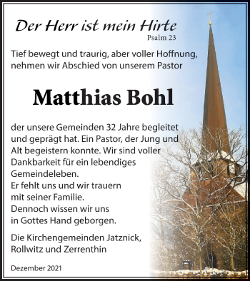 Traueranzeige von Matthias Bohl von Pasewalker Zeitung