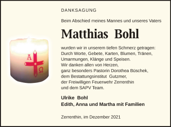 Traueranzeige von Matthias Bohl von Pasewalker Zeitung