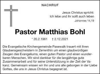 Traueranzeige von Matthias Bohl von Pasewalker Zeitung