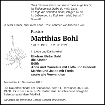 Traueranzeige von Matthias Bohl von Haff-Zeitung